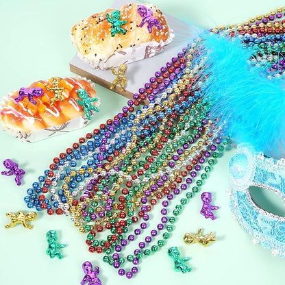 YAXINRUI Mardi Gras Beads Necklaces and King Cake Babies, Multi Colors 24Pcs Party Beads Necklaces + 24Pcs Mini Plastic Babies Mardi Gras Accessories for Mardi Gras Party, Party Favors