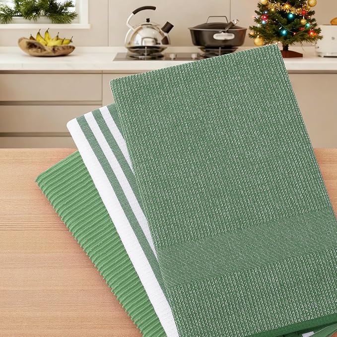 Homaxy Premium Kitchen Towels(18”x 28”, 9 Pack), Large Cotton 380 GSM Kitchen Hand Towels, Soft and Absorbent Terry Dish Towels, Multipurpose Tea Towel Set with Hanging Loop, Grass Green