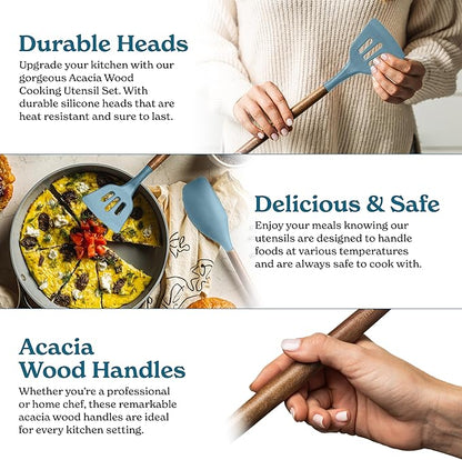 Silicone Kitchen Utensils Set & Holder: Cooking Utensils Set - Kitchen Essentials for New Home & 1st Apartment- Silicone Spatula Set, Cooking Spoons for Nonstick Cookware (Acacia Wood, Blue)