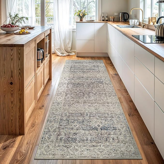 Bloom Rugs Caria Washable Non-Slip 12 ft Runner - Beige Brown/Teal Traditional Runner for Entryway, Hallway, Bathroom, and Kitchen - Exact Size: 2'6" x 12'