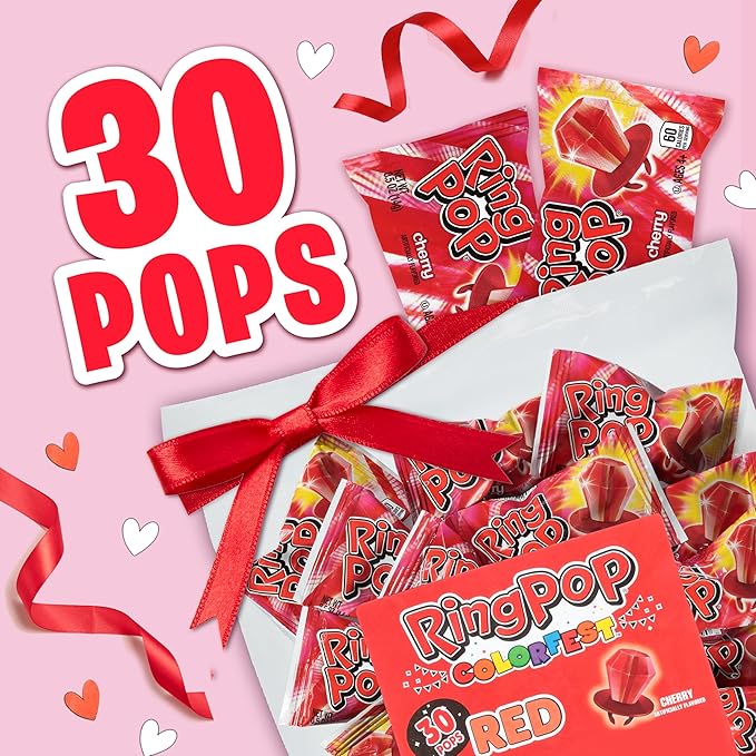 Ring Pop Red Valentine's Candy Lollipops, 30 Ct Bulk Individually Wrapped in Red Cherry Flavor, Full Size, Fun Hard Candy For Birthday Parties, Valentine's Gifts, Goodie Bags, Party Favors