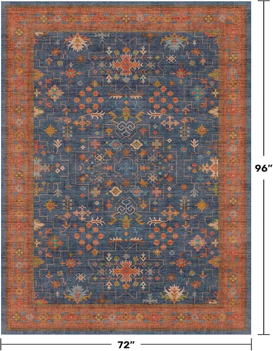 Dining Room Rugs for Under Table - 6x8 Washable Area Rug for Living Room, Low Pile Non-Slip Rugs for Bedroom - Navy Blue & Terracotta Vintage Boho Eclectic Home Decor