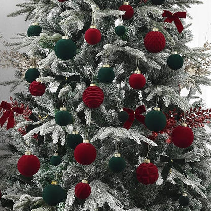 Velvet Christmas Ball Ornaments Set-46pcs Flocked Shatterproof Christmas Tree Decorations Plastic Xmas Decorative Hanging Ornaments for Xmas Holiday Home Decor,3 Sizes(Dark Green)