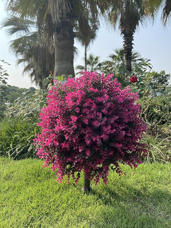 Artificial Boxwood Topiary Ball Tree with Ground Spike 27.5", Set of 2 Outdoor Faux Plants UV Resistant Fake Bushes Shrubs for Garden, Yard, Porch, Patio Decor (Hot Pink)