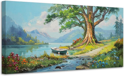 Anolyfi Lake Canvas Wall Art Landscape Painting, Green Tree and Boat Nature Print Wall Art Decor Mountain Artwork Framed for Living Room Bedroom Dining Room Office Home Decor 40"x20"