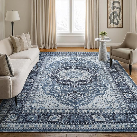 Bloom Rugs Caria Washable Non-Slip 9x12 Rug - Blue Traditional Area Rug for Living Room, Bedroom, Dining Room, and Kitchen - Exact Size: 9' x 12'