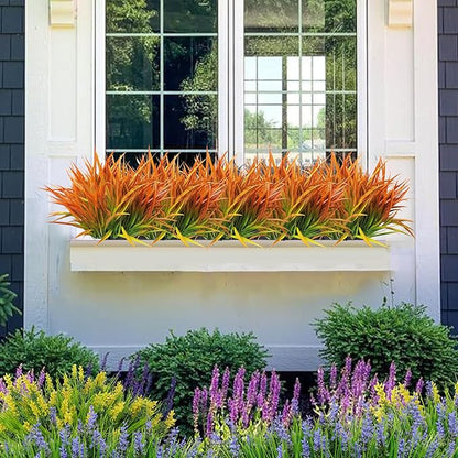 Outdoor Artificial Plants 8 Bundles Fake Plants Grass UV Resistant Fake Flowers Bush Greenery,17Inch Tall Faux Grass Shrubs for Home Porch Pathway Garden Décor Outside Indoor (Orange)
