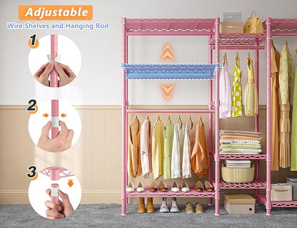 Raybee Clothes Rack Heavy Duty Clothing Racks for Hanging Clothes Adjustable Hanging Clothes Rack Garment Rack, Pink, 13.9" D x 70.6" W x 77" H
