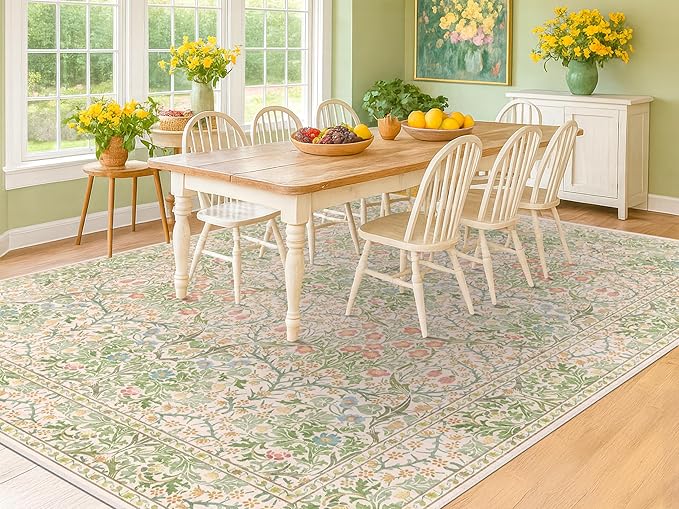 Hazo Haus Light Beige Green Area Rugs for Dining Room, 6x9 Washable Area Rug for Bedroom, Living Room, Nursery Room, Kids Play Room, Low Pile Non-Slip - Vintage Design & Stain Resistance