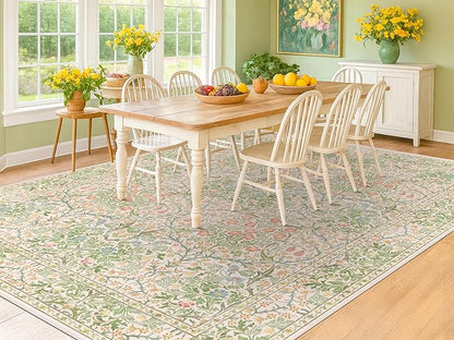 Hazo Haus Light Beige Green Area Rugs for Dining Room, 6x9 Washable Area Rug for Bedroom, Living Room, Nursery Room, Kids Play Room, Low Pile Non-Slip - Vintage Design & Stain Resistance