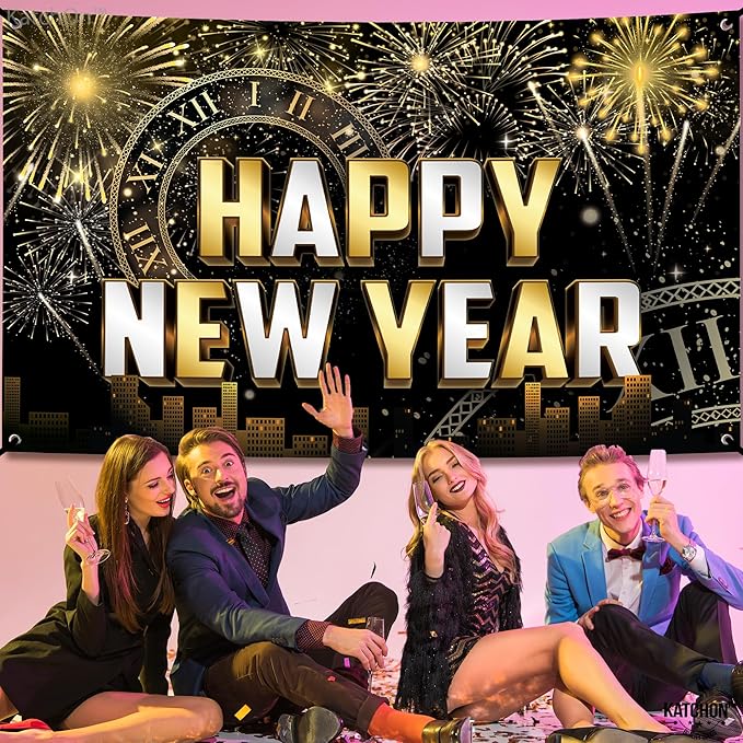KatchOn, XtraLarge Happy New Year Banner - 72x44 Inch | New Year Backdrop 2026 | New Years Decorations 2026 | NYE Eve Banner For NYE Decorations 2026 | New Years Eve Party Supplies 2026
