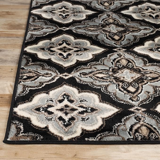 Superior Crawford Collection Area Rug, 8mm Pile Height with Jute Backing, Gorgeous Mediterranean Tile Pattern, Fashionable and Affordable Woven Rugs - 2'7" x 8' Runner, Black