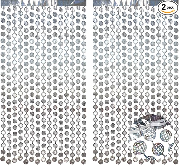 BRAVESHINE Hanging Balls Party Streamers Backdrop - 2 Pack Silver Tinsel Foil Fringe Curtains for Christmas/70s/80s/90s/Discoball/Birthdays/Bachelorette/Engagement/Music/Dance/New Years Decorations