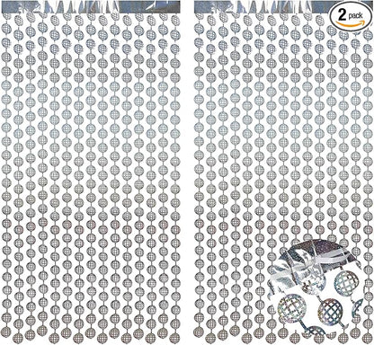 BRAVESHINE Hanging Balls Party Streamers Backdrop - 2 Pack Silver Tinsel Foil Fringe Curtains for Christmas/70s/80s/90s/Discoball/Birthdays/Bachelorette/Engagement/Music/Dance/New Years Decorations