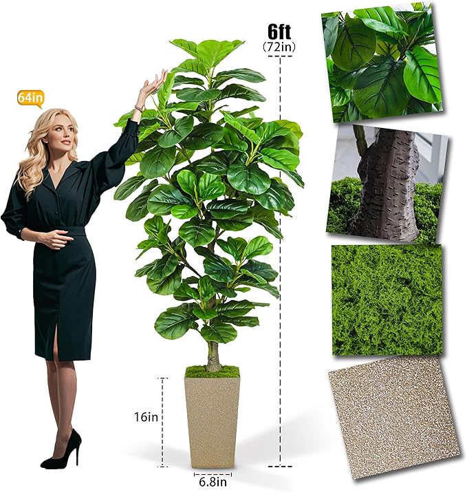 Artificial Fiddle Leaf Fig Tree 6ft, 6 Feet Large Tall Fake Plants Indoor with Modern Style Planter, Artificial Silk Tree for Home Office Living Room Decor Indoor, Lifelike & Lush (Champagne)
