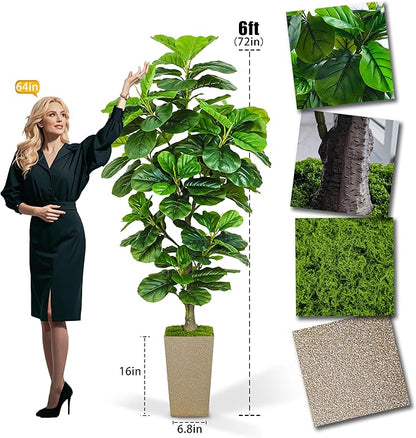 Artificial Fiddle Leaf Fig Tree 6ft, 6 Feet Large Tall Fake Plants Indoor with Modern Style Planter, Artificial Silk Tree for Home Office Living Room Decor Indoor, Lifelike & Lush (Champagne)