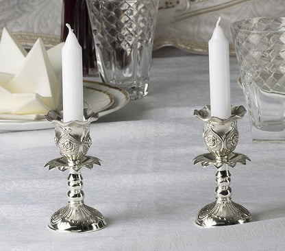 Ner Mitzvah Silver Plated Candlesticks, Pair of 4 Inch Ornate Candle Holders with Round Base and Floral Design (Pack of 2)