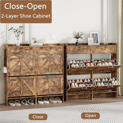 Shoe Cabinet with 4 Flip Drawers & 2 Top Drawers, 43" Tall Freestanding Narrow Wooden Shoe Storage Organizer for Entryway, Hidden Slim Shoe Rack for Front Door Entrance, Hallway, Living Room, Brown