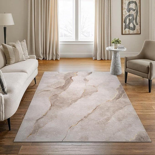 Bloom Rugs Caria Washable Non-Slip 5x7 Rug - Ivory/Gold Modern Abstract Area Rug for Living Room, Bedroom, Dining Room, and Kitchen - Exact Size: 5' x 7'