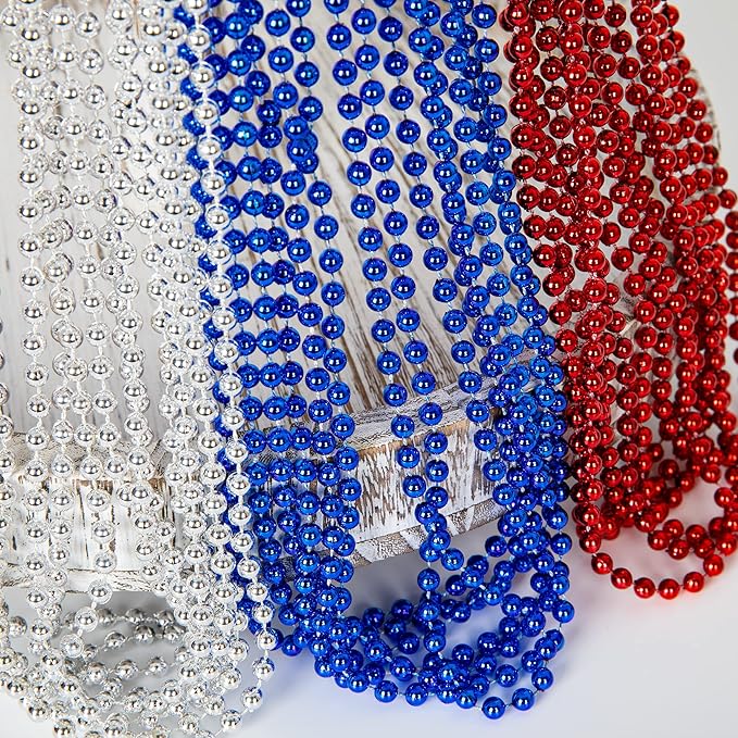 4th of July Necklace Accessories, 72PCS Veterans Day Beads Necklace Bulk, Round Fourth of July Red Blue Silver Beads Party Favors, Bead Bulk for Veterans Day Patriotic Parade Party Celebration