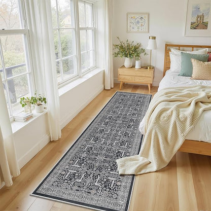 2x6 Hallway Washable Runner Rug - Soft Non Slip Vintage Rugs for Entryway Low-Pile Farmhouse Neutral Kitchen Runners Living Room Floor Mat Stain Resistant Distressed Carpet for Bedroom Bathroom Black