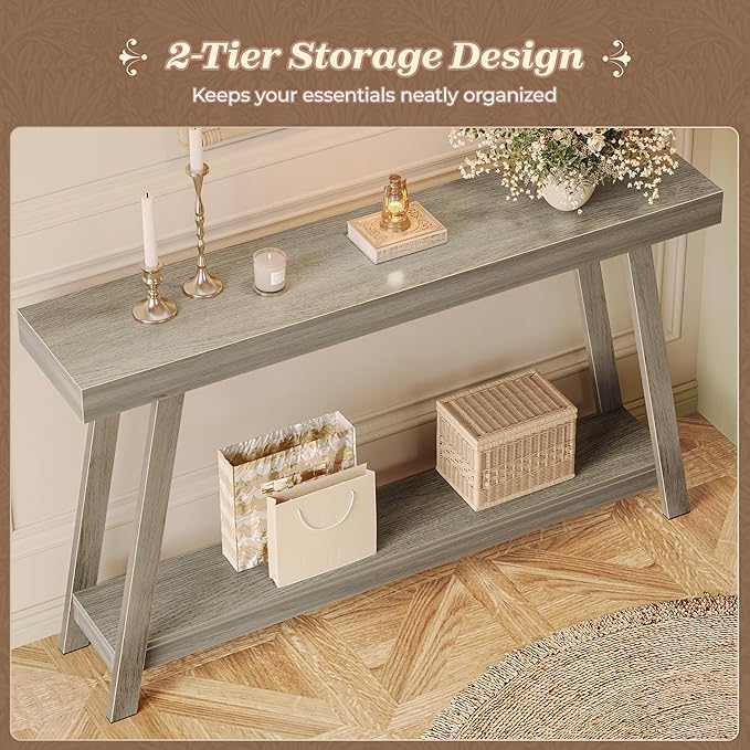 Huuger Console Table with Charging Station, USB-C Port, 2 Tiers Entryway Table, 53.9 Inch Sofa Table with Metal Legs, Entry Hallway Table with Thicker Desktop, Modern Behind Couch Table, Grey
