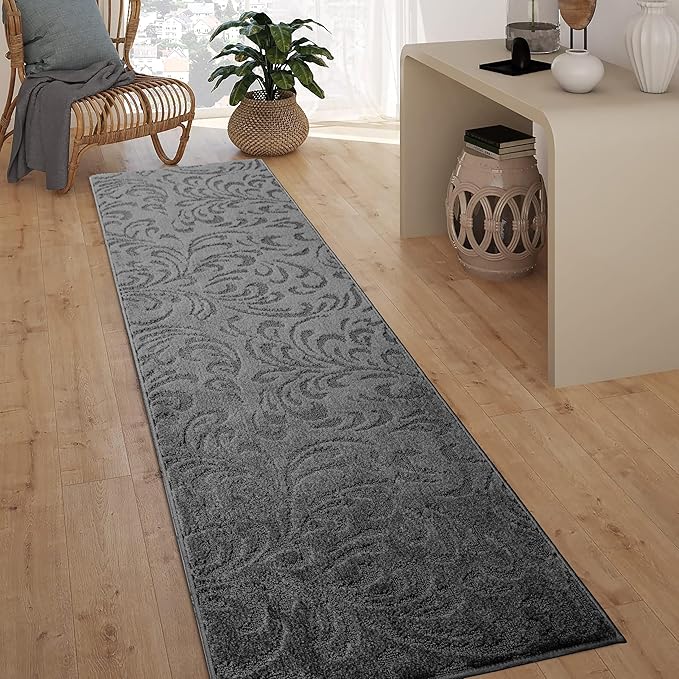 24 Ft Extra Long Non-Slip Dark Grey Anthracite Hallway Kitchen Runner Rug, 2'7" X 24' Washable Carpet - Rubber Backed, Custom Size Floor Mat for Entryway Stairs Bedroom Bathroom Mudroom