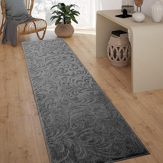 10 Ft Non-Slip Dark Grey Anthracite Hallway Kitchen Runner Rug, 2'7" X 10' Washable Carpet - Rubber Backed, Charcoal Custom Size Floor Mat for Entryway Stairs Bedroom Bathroom Mudroom, Floral