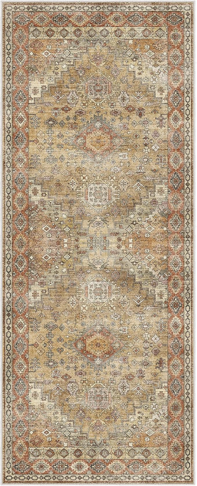 GENIMO 2x5 Washable Runner Rug for Hallway, Vintage Non Slip Low Pile Carpet, Soft Lightweight Printed Rug for Entryway, Kitchen, Corridor & Home Office, Taupe Mocha