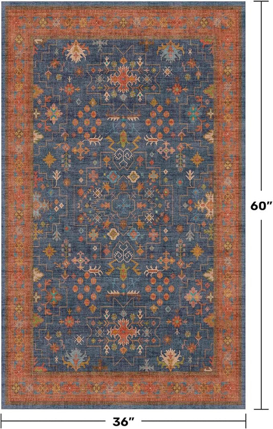 Large 3x5 Kitchen Rug Non Slip Machine Washable, Throw Rugs for Entryway Indoor, Floor Mat, Home Office Under Chair - Stain Resistant Non Skid Rubber Backing, Tribal Farmhouse Décor (3x5 Navy Blue)