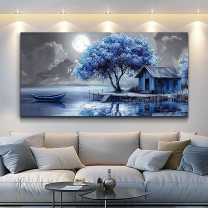 QIYILEXWART Large Wall Decor For Living Room Canvas Wall Art For Office Modern Wall Decorations For Bedroom Blue Tree Landscape Painting Abstract Pictures Artwork Room Home Decor 24x48 In