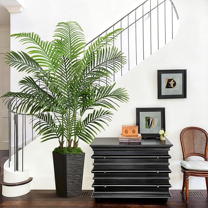 Artificial Palm Tree Artificial Silk Plant Fake Tree with White Tall Planter Faux Tropical Areca Floor Plant in Pot (1, Black Tall Planter, 5 FT)