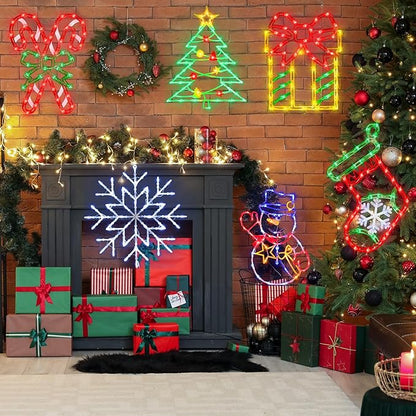 16" Christmas Window Silhouette Lights Decorations - 6 Pack Colour Lighted Candy Cane ＆ Snowman ＆ Christmas Stocking ＆ Bell ＆ Gift Box ＆ Snowflake for Holiday Wall Door Window Decorate