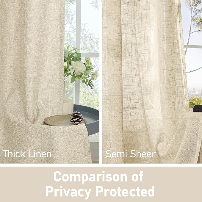 LAMIT Natural Linen Curtains for Living Room 80 inch Length 2 Panels, Linen Textured Thermal Insulated Curtains Grommet Privacy Neutral Drapes for Bedroom/Farmhouse, W52 x L80, Natural Beige