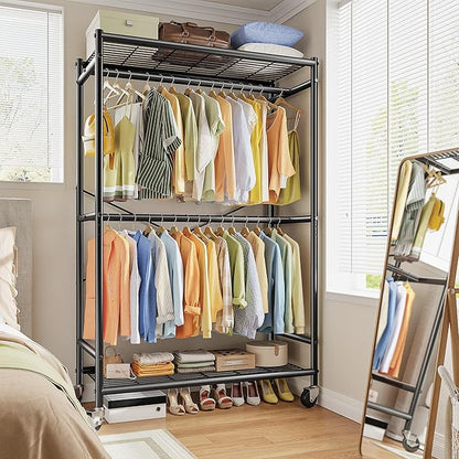 Raybee 80.32" H Clothes Rack,Rolling Clothing Racks for Hanging Clothes Heavy Duty Portable Garment Rack with Wheels 35.4" Wx15.75 Dx80.32 H,Black