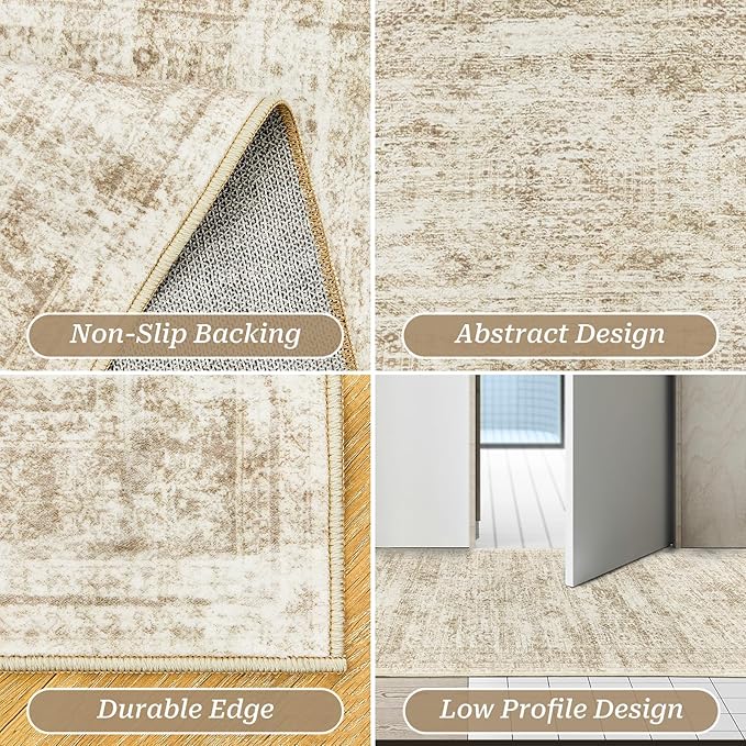 Washable Runner Rug 2.5x16, Non-Slip Long Hallway Runner for Entryway, Soft Vintage Kitchen Mats for Floor, Abstract Dining Room, Bedroom, Living Room Rugs(2.5'x16', Beige/Ivory)