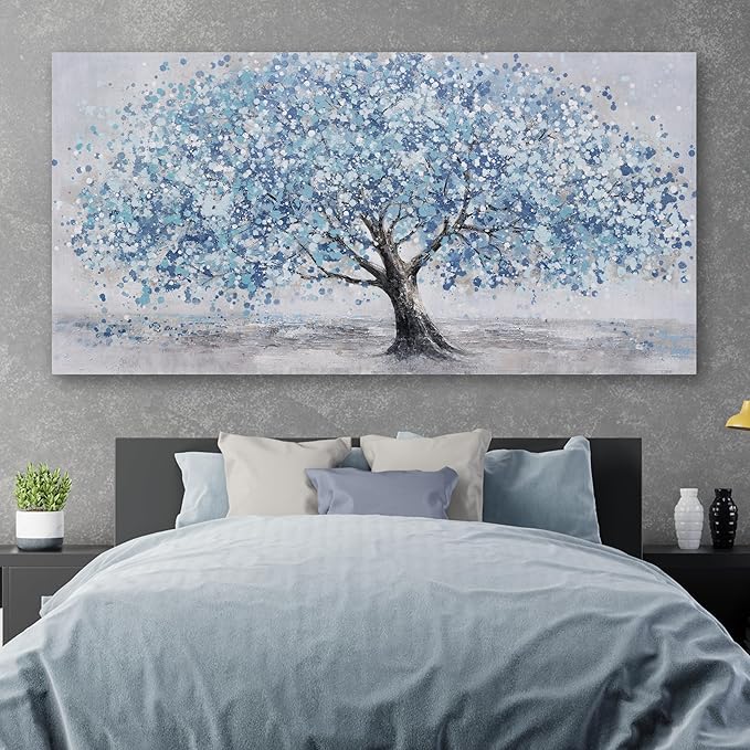 Tree of Life Wall Art Blue Tree Picture Wall Decor Artwork Framed Abstract Canvas Painting Nature Decor for Living Room Bedroom Bathroom Office Home Decor 20"x40"Can Be Hung Directly