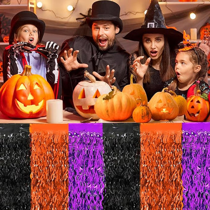 Halloween Party Decorations, 2 Pack Orange Purple Black Wavy Metallic Tinsel Foil Fringe Table Skirts, Perfect Rectangle or Round Table Decor for Halloween Birthday Home Indoor Outdoor Party Supplies