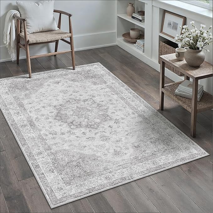 Gray Area Rug 3x4 Washable Vintage Carpet Entryway Office Soft Retro Kitchen Low Pile Thin Door Mat Non Slip Grey Oriental Medallion Throw Small Rug for Bathroom Bedroom Dining Living Room