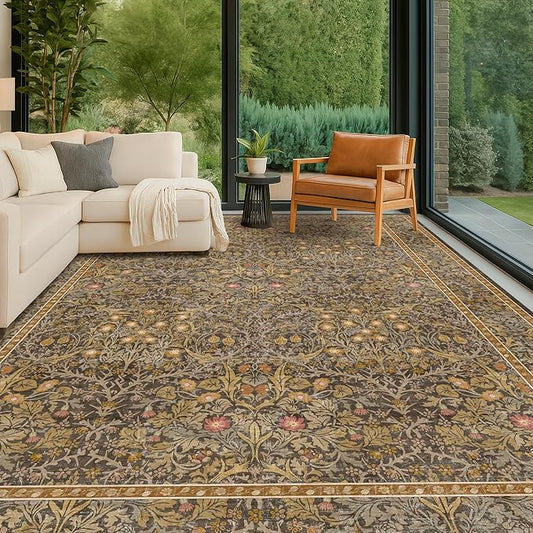 Washable Living Room Rug 10x12 - Brown Oriental Area Rug for Dining Room Under Table, Low Pile Non-Slip Floor Decor for Bedroom Under Bed - Vintage Earthy Design & Stain Resistance