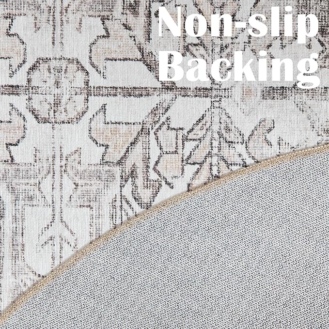 jinchan Round Rug 5ft Vintage Machine Washable Area Rug Kitchen Indoor Circle 5' Ultra-Thin Non-Slip Floral Print Carpet for Farmhouse Entryway Dining Room Living Room Bedroom Office (5'Round,Taupe)