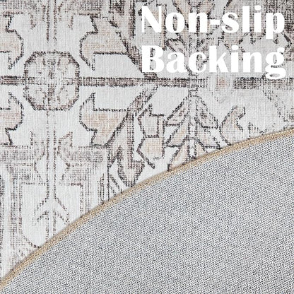 jinchan Round Rug 4ft Vintage Machine Washable Area Rug Kitchen Indoor Circle 4' Ultra-Thin Non-Slip Floral Print Carpet for Farmhouse Entryway Dining Room Living Room Bedroom Office (4'Round,Taupe)