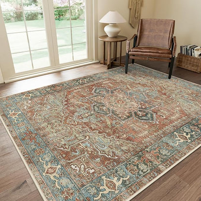 GENIMO Machine Washable 8x10 Area Rugs for Living Room, Non Slip Vintage Rugs, Low Pile Lightweight Chenille Print Rug for Bedroom, Dining Room, Home Office, Red Multi