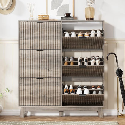 Shoe Cabinet Storage for Entryway with 6 Flip Drawers, Fluted Narrow Shoe Organizer with Wooden Legs, Freestanding Slim Shoe Storage Hidden Shoe Rack Organizer for Front Door Entrance, Grey
