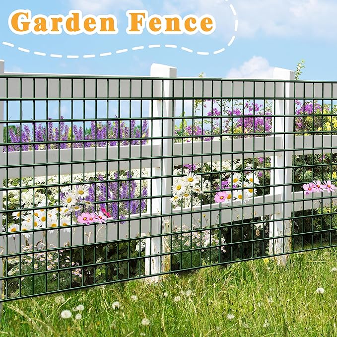 Green Metal Garden Fence, 48inch(H) x 100ft(L), 2 inch x 3 inch,14GA 2/3/4/5/6 Ft Tall Chicken Wire PVC Coated Welded Wire Mesh Roll for Dogs Border Yard Vegetable Plant Protection Poultry Netting