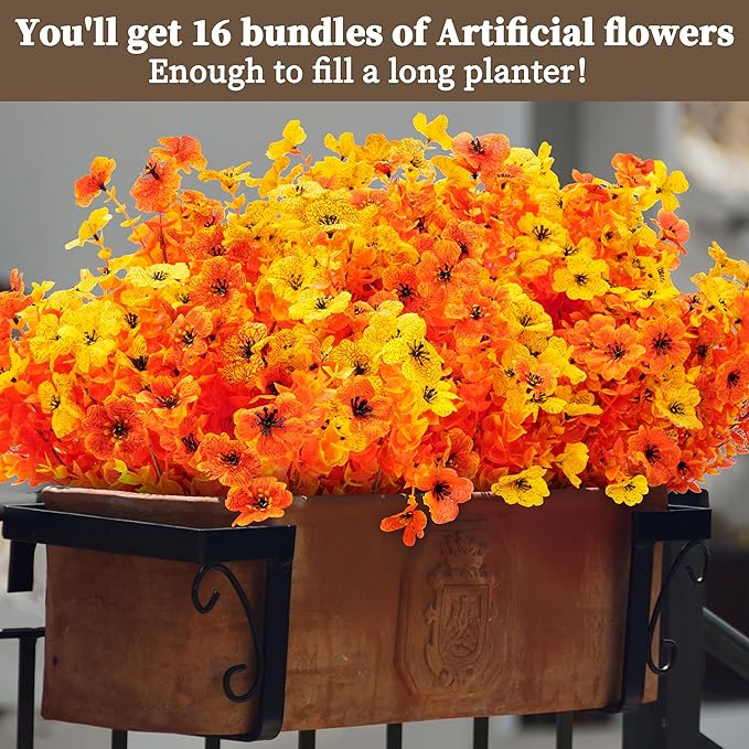 16 Bundles Artificial Mums for Outdoors/Indoors Faux Mums for Outdoor Planters, Eucalyptus Leaves Fall Flowers Artificial for Decoration Boxwood Garden Porch Window Home Wedding (Yellow&Red Orange)