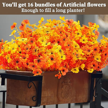 16 Bundles Artificial Mums for Outdoors/Indoors Faux Mums for Outdoor Planters, Eucalyptus Leaves Fall Flowers Artificial for Decoration Boxwood Garden Porch Window Home Wedding (Yellow&Red Orange)