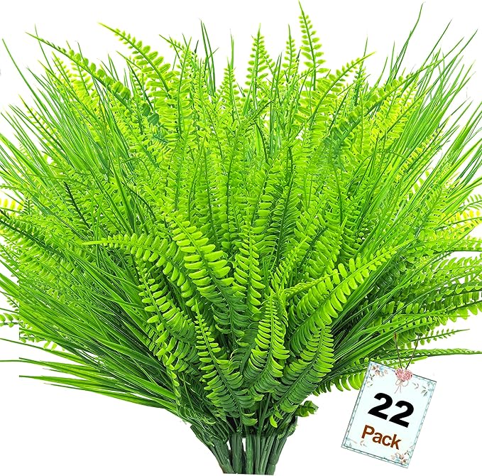 22 Bundles Artificial Plants Outdoor, Fake Plants UV Resistant Artificial Boston Ferns Faux Plants Plastic Greenery, Realistic Artificial Fake Outdoor Flowers for Home Porch Garden Window Box