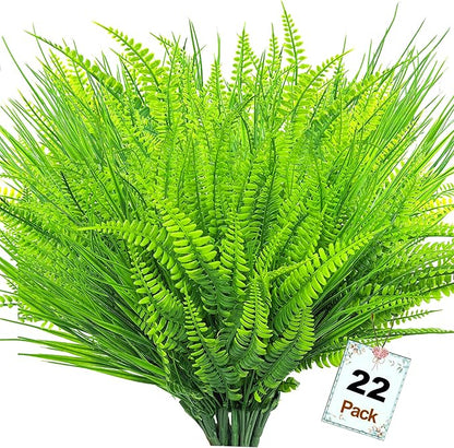 22 Bundles Artificial Plants Outdoor, Fake Plants UV Resistant Artificial Boston Ferns Faux Plants Plastic Greenery, Realistic Artificial Fake Outdoor Flowers for Home Porch Garden Window Box