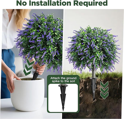 Artificial Lavender Boxwood Topiary Ball Trees Set of 2, UV Resistant Artificial Shrub Bushes with Ground Spike, Fake Evergreen Artificial Plant Bushes for Front Porch, Garden, Indoor, Outdoor